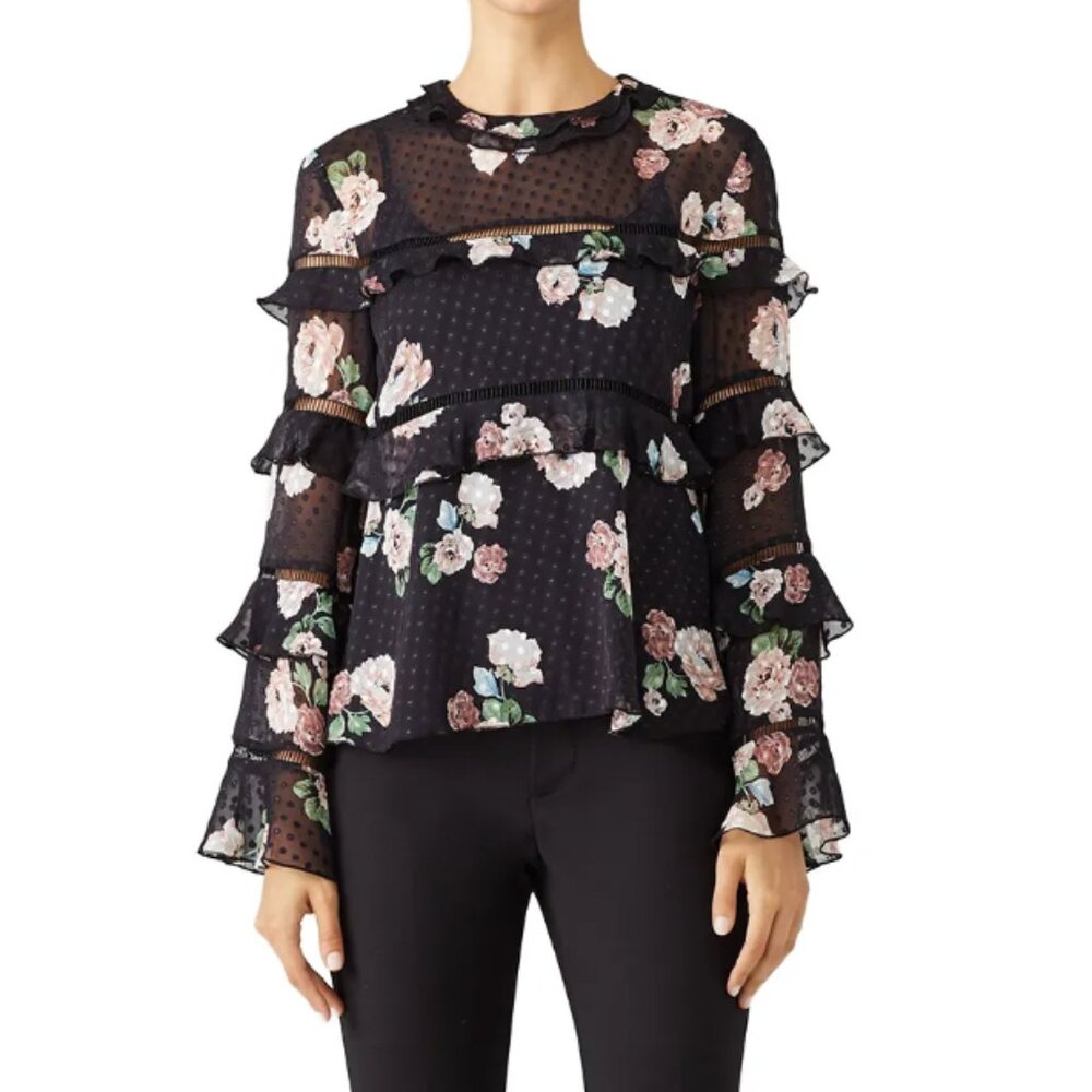 NICHOLAS black rose print ruffle top